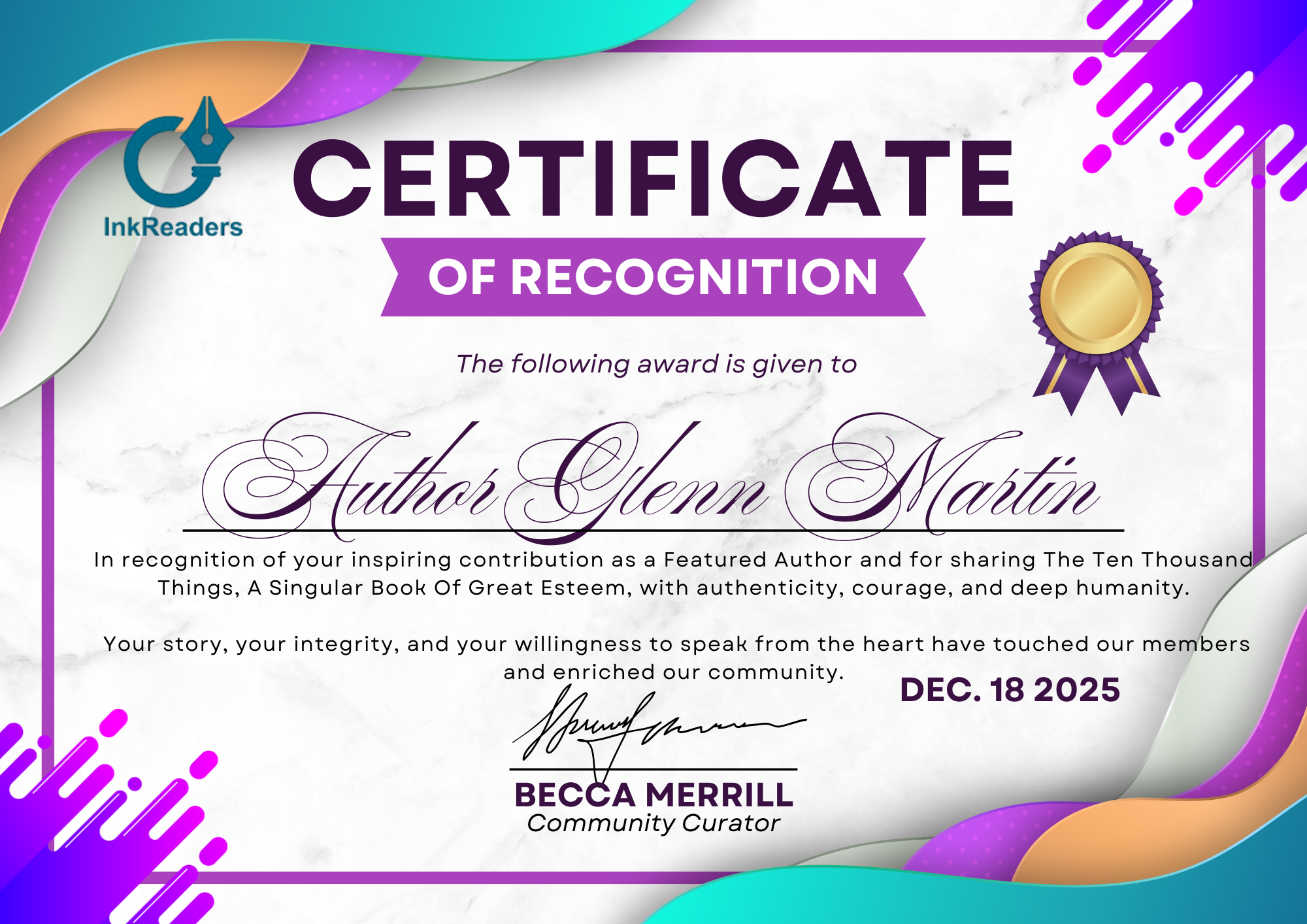 Certificate of Recognition award artwork for Glenn Martin - The Ten Thousand Things