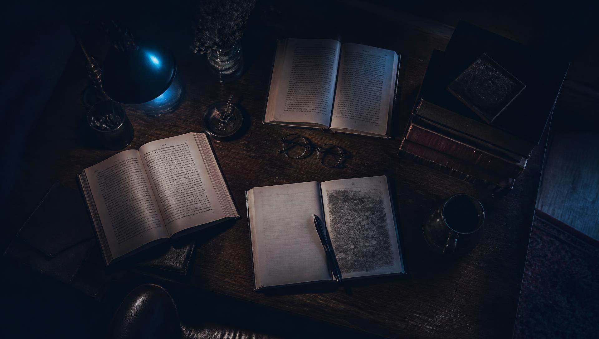Open books, glasses and a notebook on a lamplit desk at night