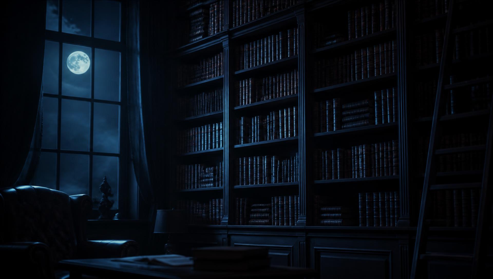 A moonlit wall of bookshelves in a night library